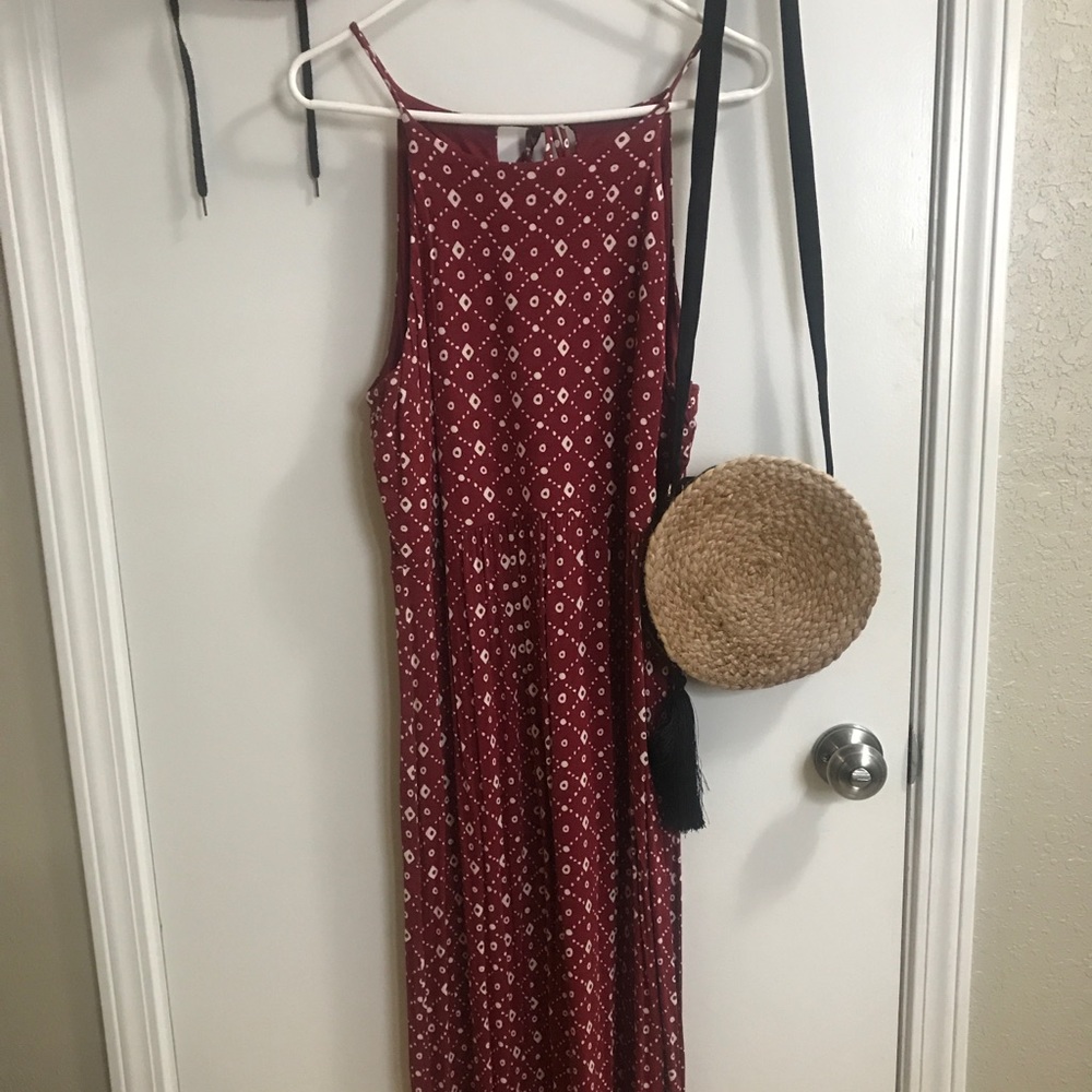 Crimson/red/burgundy and white pattered midi dress